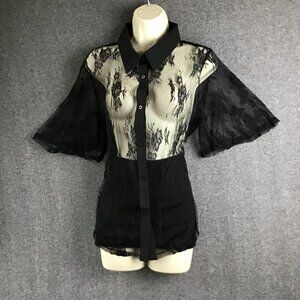 Black Button Up Delicate Lace Flutter Sleeve Shirt Sz L